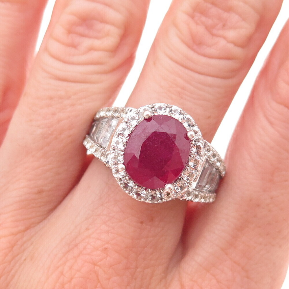 Chuck Clemency 925 Sterling Silver Real Ruby & White Topaz Ring Size 8